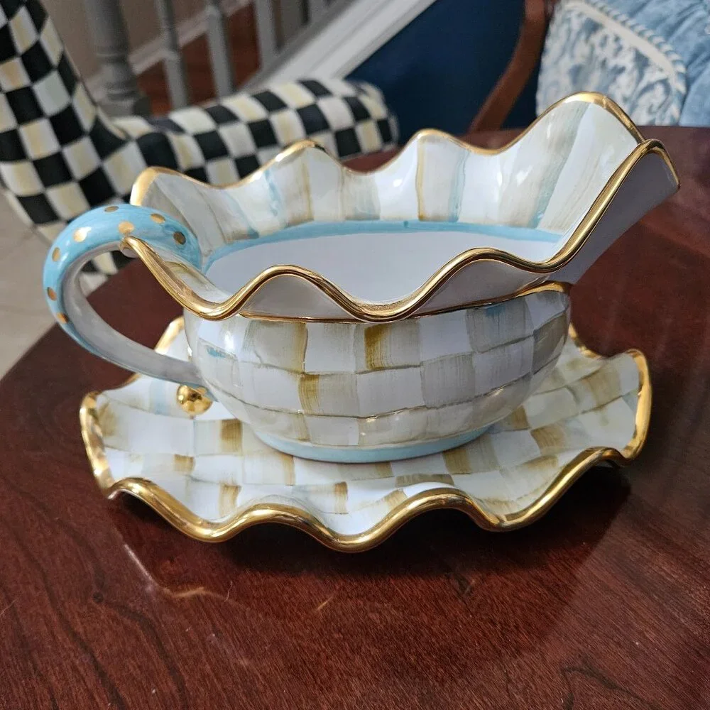 MACKENZIE CHILDS RUFFLED PARCHMENT CHECK CERAMIC SERVING GRAVY BOAT & UNDERPLATE